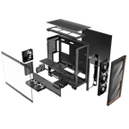 Complete exploded teardown diagram of the Antec FLUX PRO Black PC case revealing all modular panels, tool-free brackets, and the 6 included PWM fans