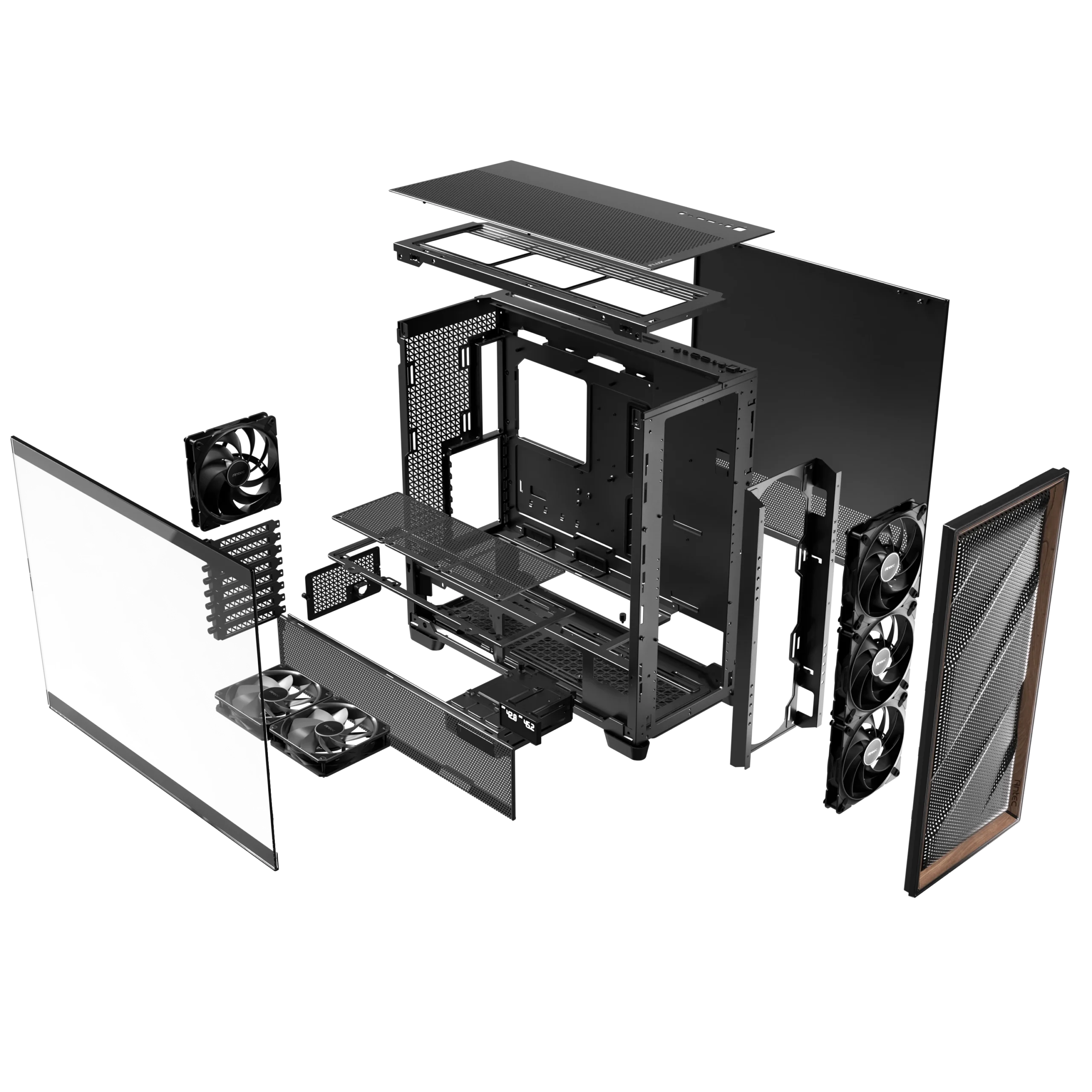 Complete exploded teardown diagram of the Antec FLUX PRO Black PC case revealing all modular panels, tool-free brackets, and the 6 included PWM fans