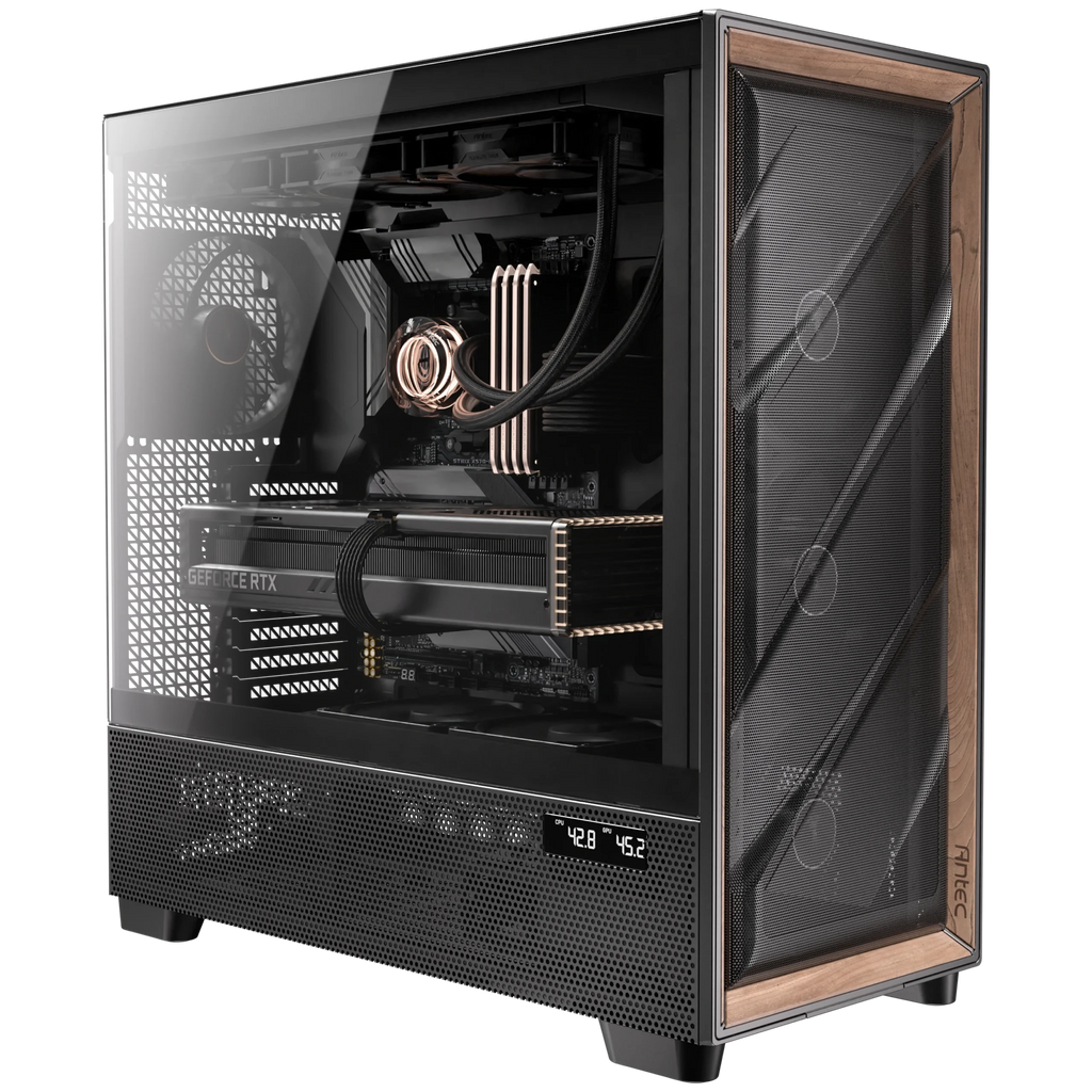 Antec FLUX PRO Black Full Tower PC Case featuring a premium walnut wood front panel and tempered glass side