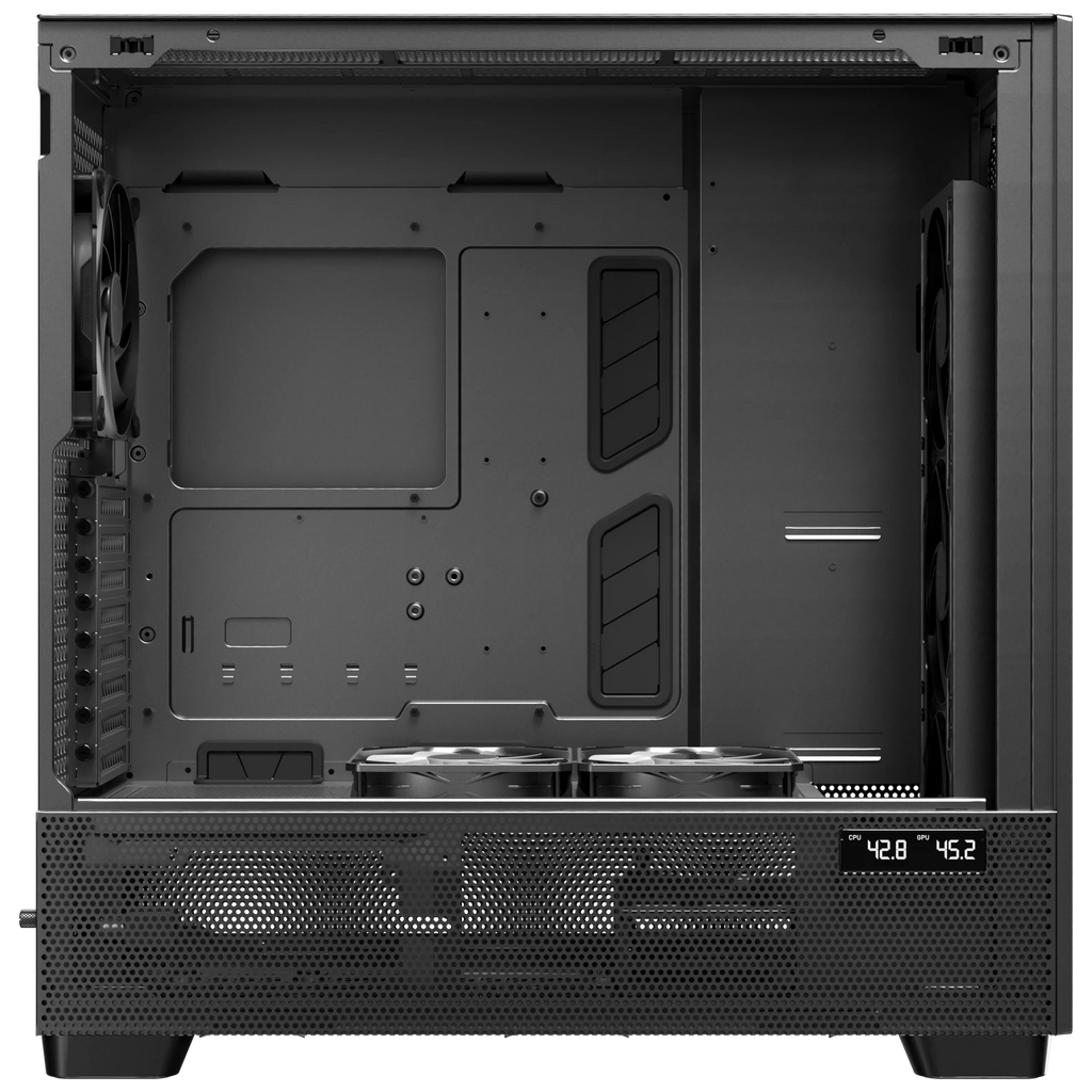 Direct side interior view of the Antec FLUX PRO Black PC case showcasing the E-ATX motherboard tray, PSU shroud fans, and active CPU GPU temperature display