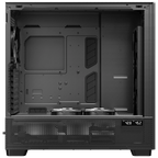 Direct side interior view of the Antec FLUX PRO Black PC case showcasing the E-ATX motherboard tray, PSU shroud fans, and active CPU GPU temperature display