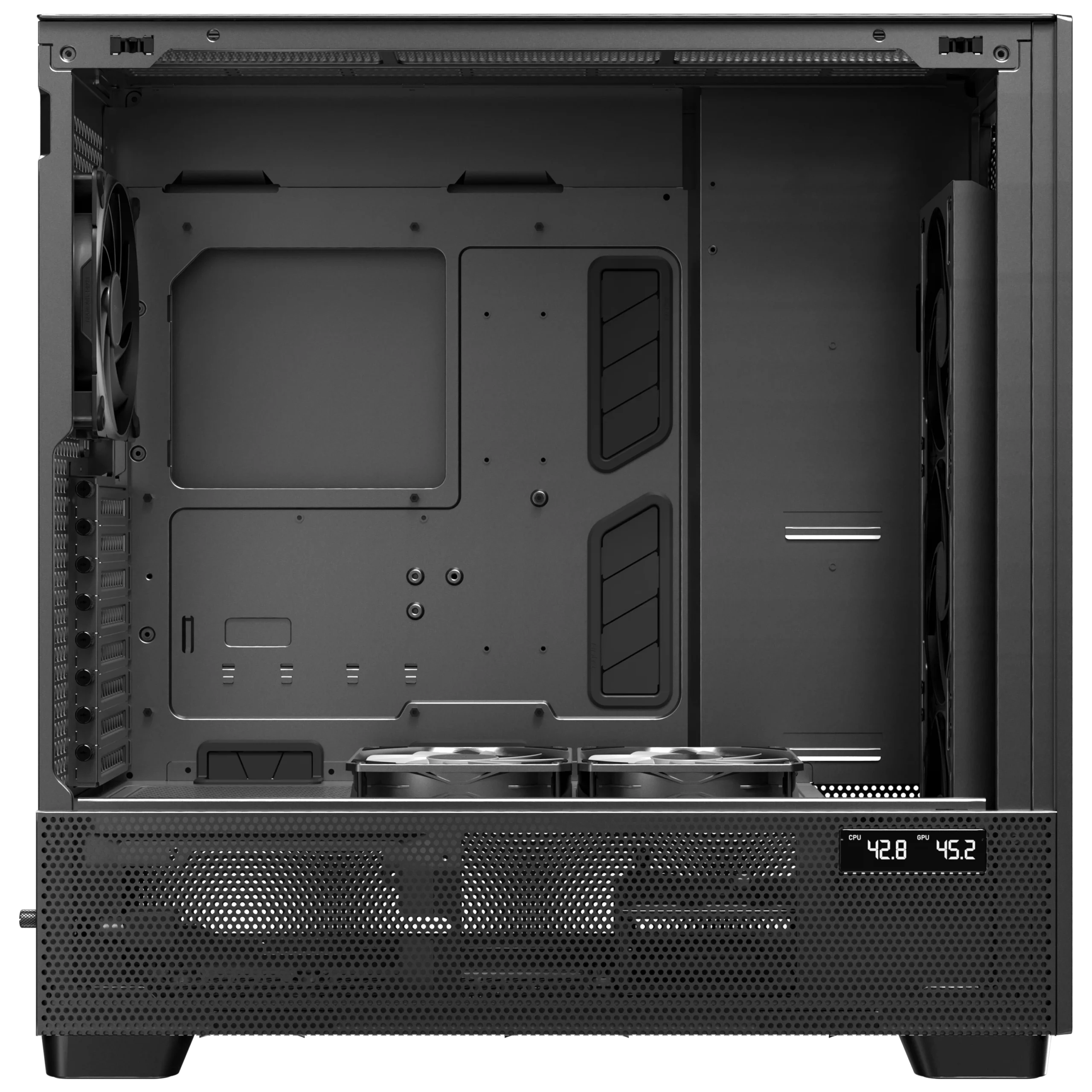 Direct side interior view of the Antec FLUX PRO Black PC case showcasing the E-ATX motherboard tray, PSU shroud fans, and active CPU GPU temperature display