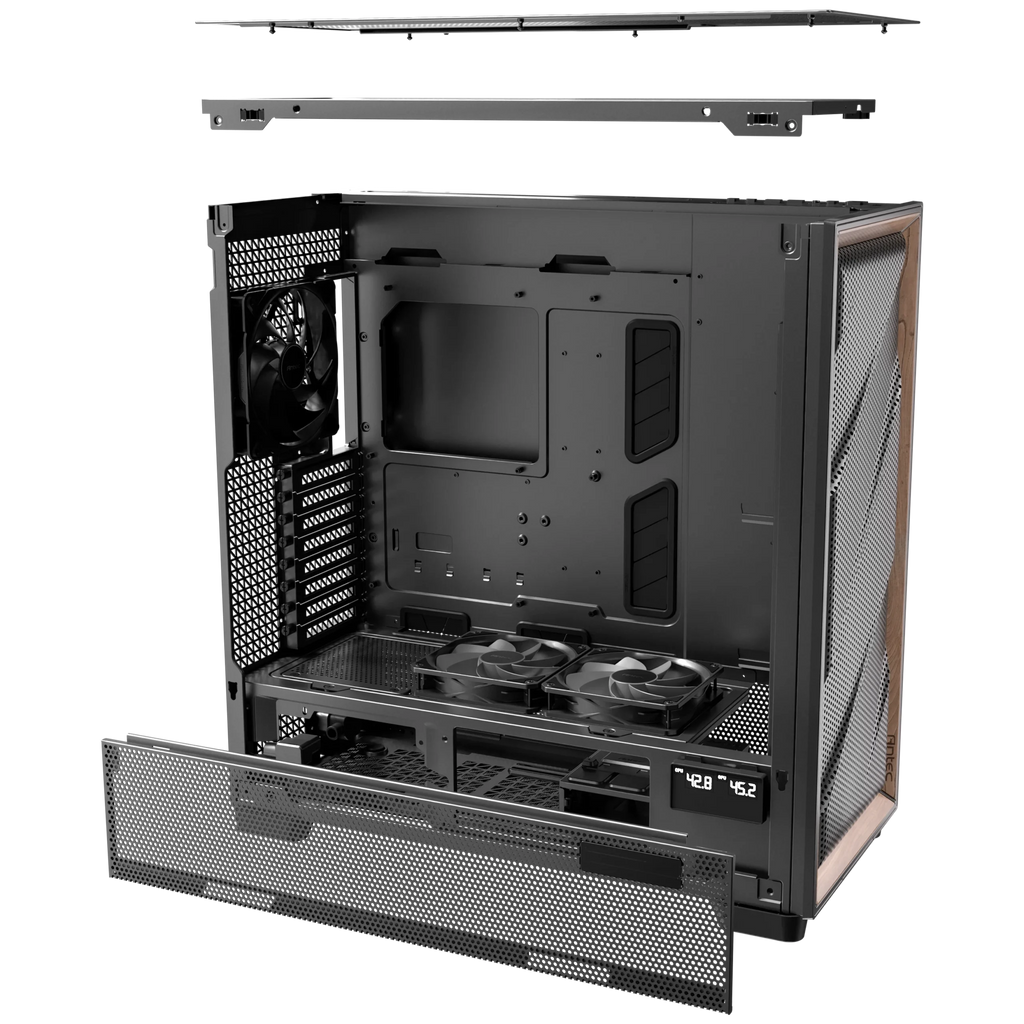 Exploded view of the Antec FLUX PRO Black PC case showing modular cooling brackets, PSU shroud fans, and hardware temperature display.