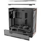 Exploded view of the Antec FLUX PRO Black PC case showing modular cooling brackets, PSU shroud fans, and hardware temperature display.