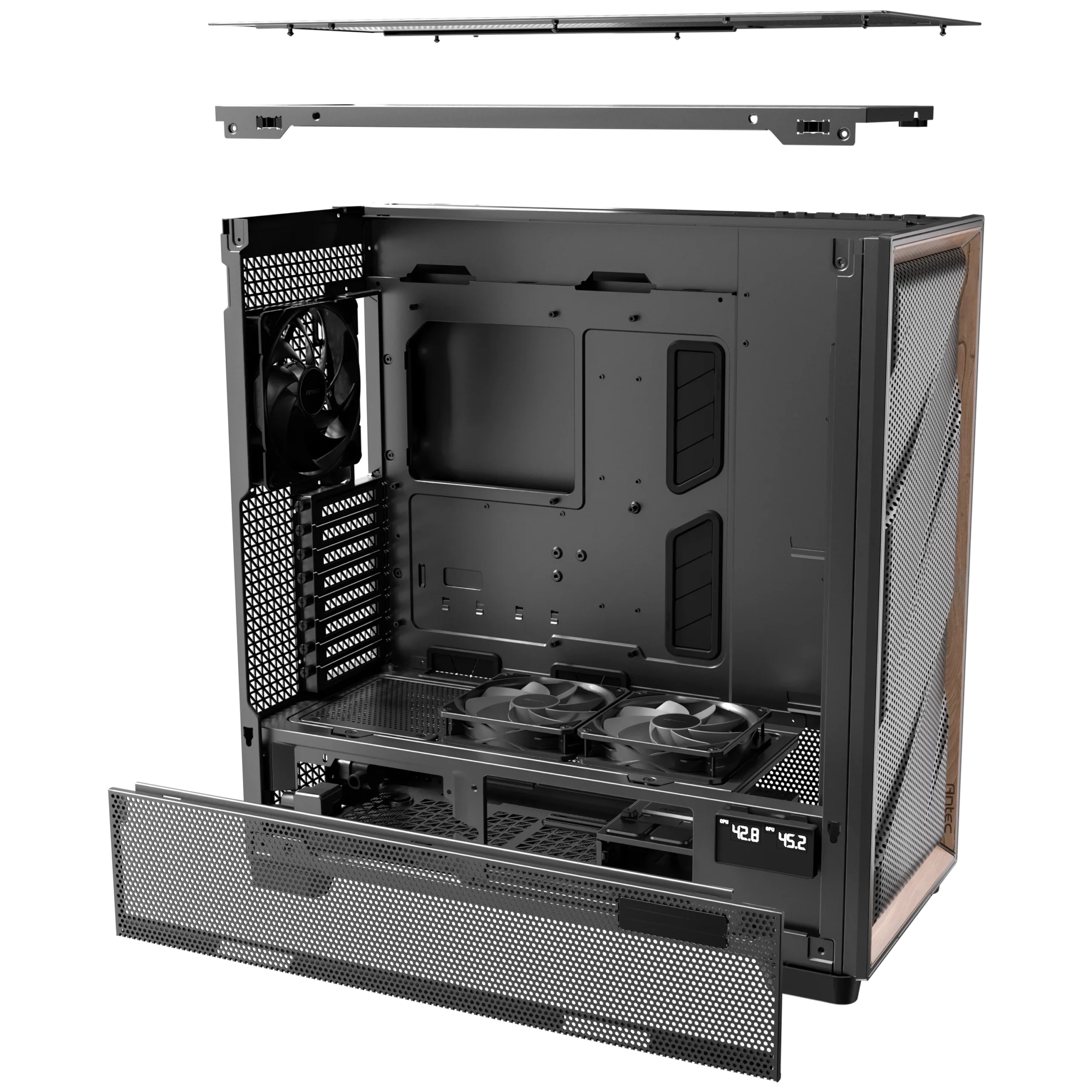 Exploded view of the Antec FLUX PRO Black PC case showing modular cooling brackets, PSU shroud fans, and hardware temperature display.