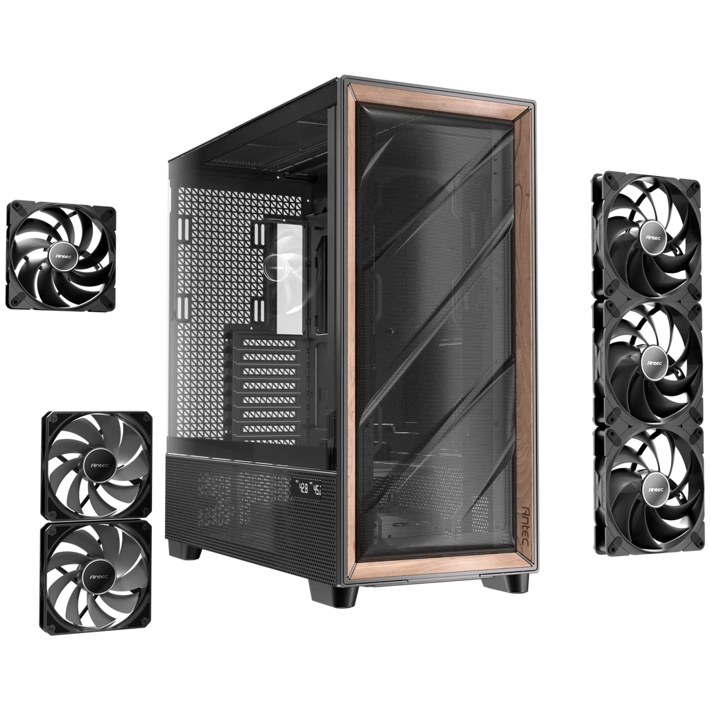 Six pre-installed high-performance PWM fans including PSU shroud reverse fans in the Antec FLUX PRO Black PC case