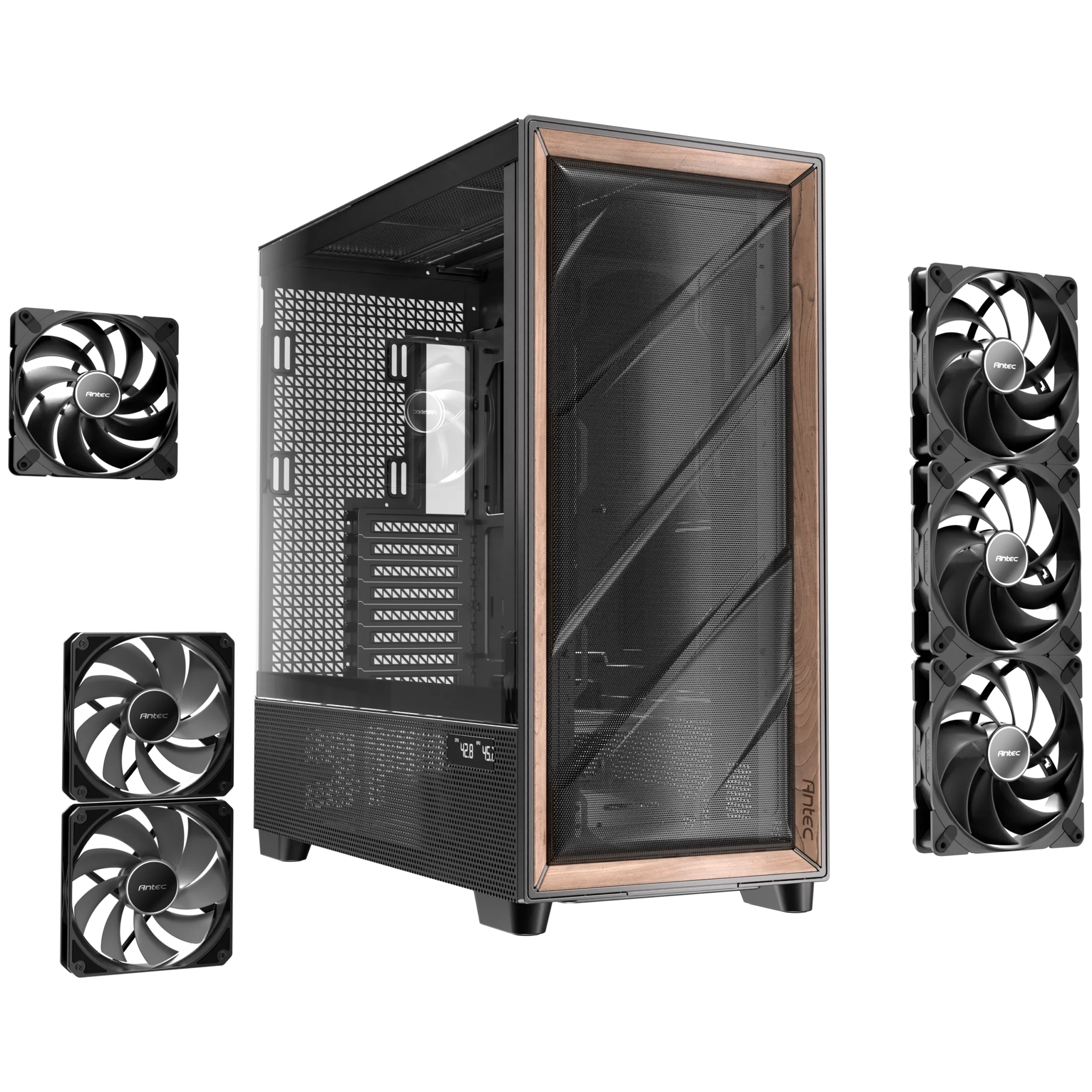Six pre-installed high-performance PWM fans including PSU shroud reverse fans in the Antec FLUX PRO Black PC case