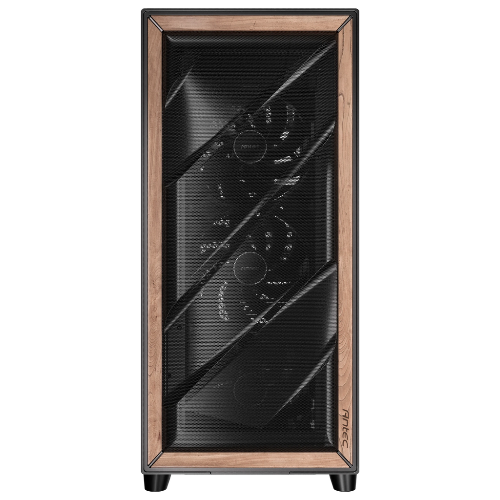 Premium walnut wood and metal mesh front panel on the Antec FLUX PRO Black gaming case