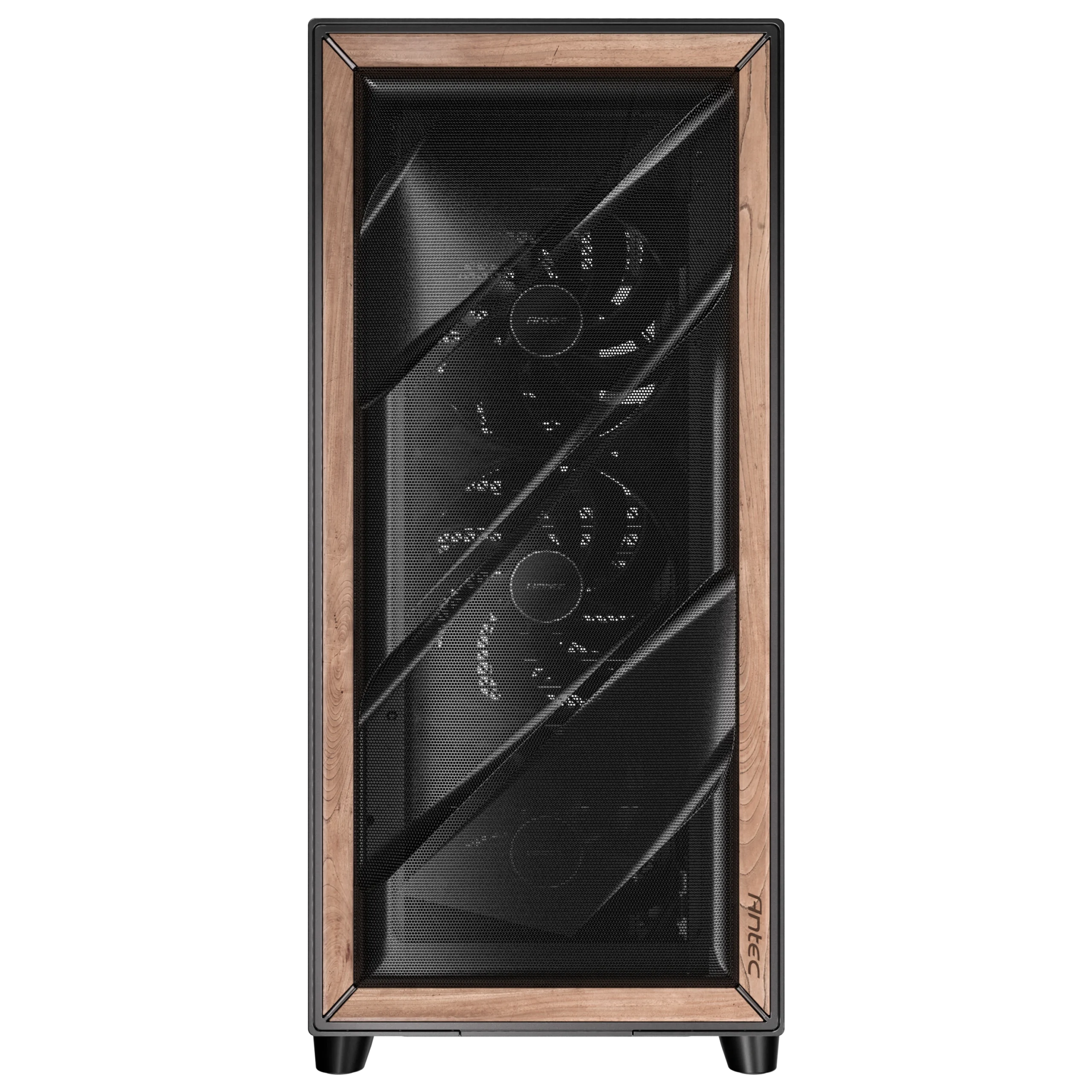 Premium walnut wood and metal mesh front panel on the Antec FLUX PRO Black gaming case