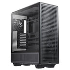 Angled side view of the unbuilt, empty Antec 900 PC case. The clear tempered glass side panel provides a full view of the bare interior, rear exhaust fan, and empty drive/expansion bays, alongside the fully meshed front panel.