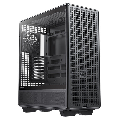 Angled side view of the unbuilt, empty Antec 900 PC case. The clear tempered glass side panel provides a full view of the bare interior, rear exhaust fan, and empty drive/expansion bays, alongside the fully meshed front panel.