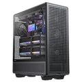 Angled side view of a high-end gaming PC built inside the Antec 900 case. The visible interior features two thick, RGB-illuminated graphics cards, an AIO liquid cooler with an LCD display, and glowing internal components.