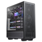 Angled side view of a high-end gaming PC built inside the Antec 900 case. The visible interior features two thick, RGB-illuminated graphics cards, an AIO liquid cooler with an LCD display, and glowing internal components.