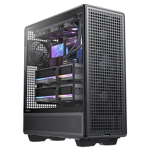Angled side view of a high-end gaming PC built inside the Antec 900 case. The visible interior features two thick, RGB-illuminated graphics cards, an AIO liquid cooler with an LCD display, and glowing internal components.