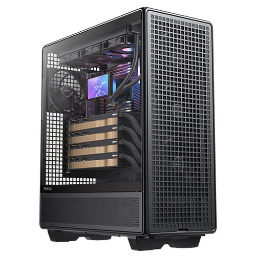Angled side view of a workstation PC fully built inside the Antec 900 case. The system is populated with four massive, tightly stacked graphics cards and an AIO liquid CPU cooler featuring an LCD screen on the pump block.