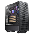 Angled side view of a workstation PC fully built inside the Antec 900 case. The system is populated with four massive, tightly stacked graphics cards and an AIO liquid CPU cooler featuring an LCD screen on the pump block.