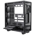 Side view of the Antec 900 PC case's right interior cable management space. The open panel reveals cable routing channels with velcro straps, three vertical 2.5-inch SSD mounting plates, and a lower hard drive cage with pull-out 3.5-inch trays.
