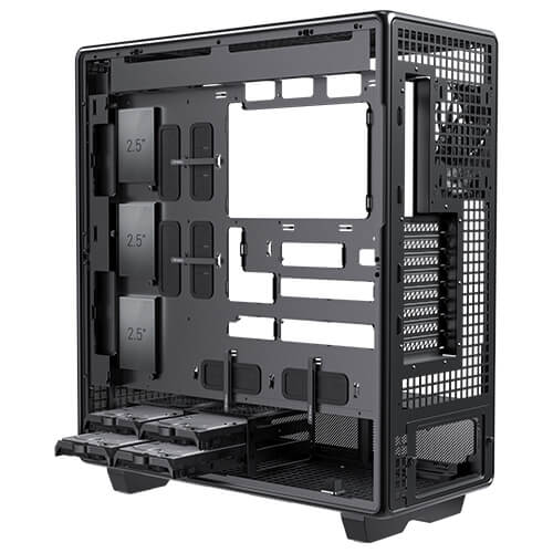 Side view of the Antec 900 PC case's right interior cable management space. The open panel reveals cable routing channels with velcro straps, three vertical 2.5-inch SSD mounting plates, and a lower hard drive cage with pull-out 3.5-inch trays.