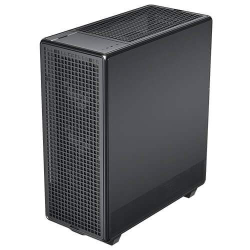 High-angle, three-quarter view of the Antec 900 PC case from the right side, showing a solid, opaque black metal side panel seamlessly meeting the square mesh front and top panels.