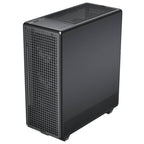 High-angle, three-quarter view of the Antec 900 PC case from the right side, showing a solid, opaque black metal side panel seamlessly meeting the square mesh front and top panels.