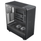 High-angle, three-quarter view of the empty Antec 900 PC case. A clear tempered glass left side panel reveals the interior structure and bottom shroud fans, while the top and front panels display a matching square grid mesh design.