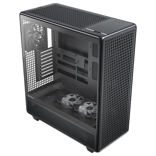 High-angle, three-quarter view of the empty Antec 900 PC case. A clear tempered glass left side panel reveals the interior structure and bottom shroud fans, while the top and front panels display a matching square grid mesh design.