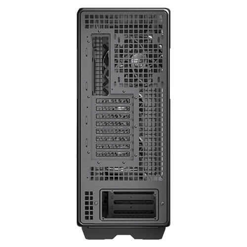 Rear view of the Antec 900 PC case showcasing its heavily ventilated back panel, featuring a rear exhaust fan mount, a motherboard I/O cutout, eight PCIe expansion slot covers, and a bottom opening for the power supply.