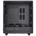 Direct side view of the empty Antec 900 PC case interior with the side panel removed. It shows a spacious motherboard tray with cable routing grommets, a ventilated bottom PSU shroud with two top-mounted fans, a rear exhaust fan, and three front intake fans.