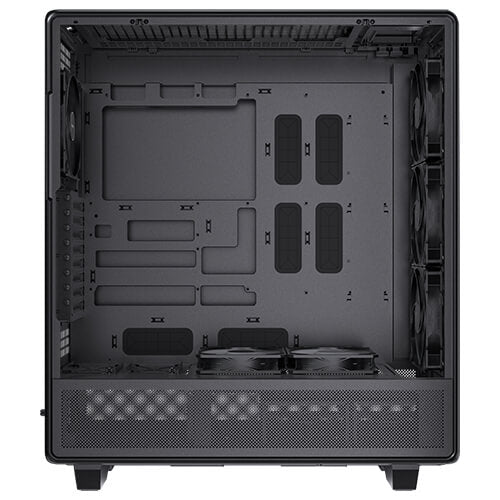 Direct side view of the empty Antec 900 PC case interior with the side panel removed. It shows a spacious motherboard tray with cable routing grommets, a ventilated bottom PSU shroud with two top-mounted fans, a rear exhaust fan, and three front intake fans.