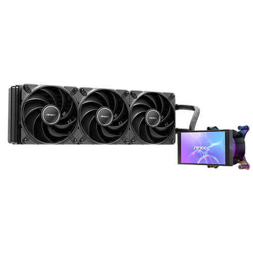 Slightly angled front view of the Antec Vortex View 360 liquid cooler, displaying the three-fan radiator assembly on the left and the horizontally oriented LCD screen on the pump block to the right.