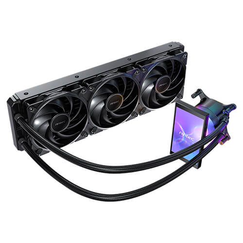 Angled overhead view of the Antec Vortex View 360 liquid cooler, showcasing the black radiator with three cooling fans connected by braided tubes to the pump block with a vertical LCD screen.