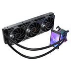 Angled overhead view of the Antec Vortex View 360 liquid cooler, showcasing the black radiator with three cooling fans connected by braided tubes to the pump block with a vertical LCD screen.