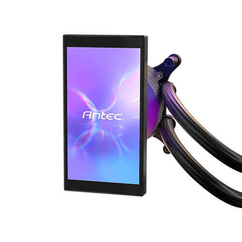 Close-up of the Antec Vortex View 360 pump block focusing on the 5-inch LCD screen oriented vertically in portrait mode, displaying an abstract purple and blue background with the Antec logo.