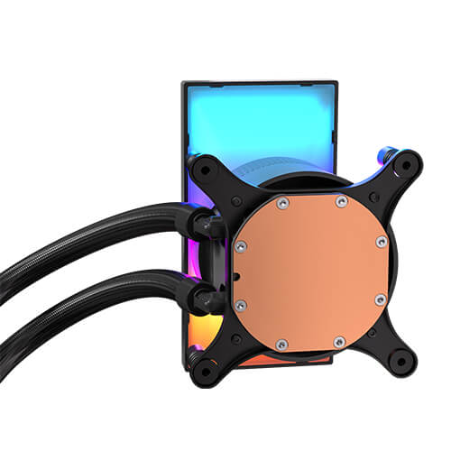 Close-up of the underside of the Antec Vortex View 360 pump block, highlighting the circular copper base plate secured with screws, with black braided cooling tubes extending from the side.