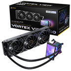 Antec Vortex View 360 CPU liquid cooler displayed in front of its black retail packaging. The setup shows the 360mm radiator with three fans and a pump block featuring a 5-inch LCD screen displaying a purple Antec graphic.
