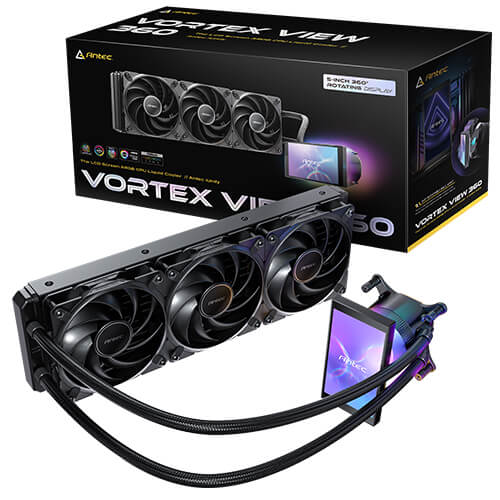 Antec Vortex View 360 CPU liquid cooler displayed in front of its black retail packaging. The setup shows the 360mm radiator with three fans and a pump block featuring a 5-inch LCD screen displaying a purple Antec graphic.