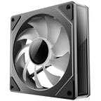 Computer fan with a black and silver design on a white background