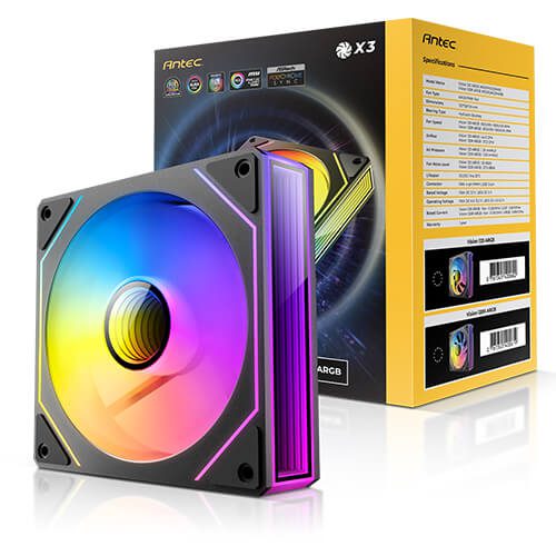 RGB computer fan with Antec packaging on a white background